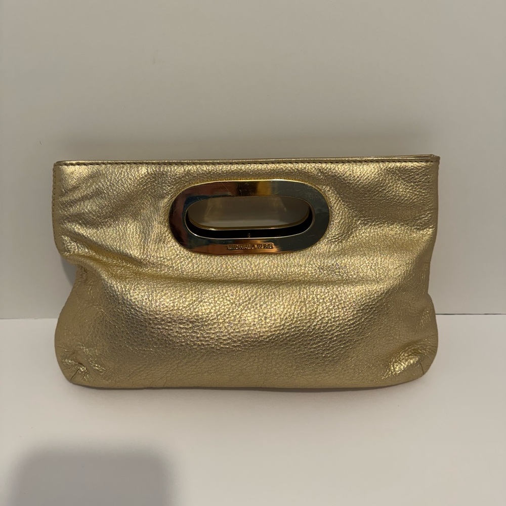 Michael Michael Kors Womens Metallic Gold Leather Snap Closure Clutch Bag